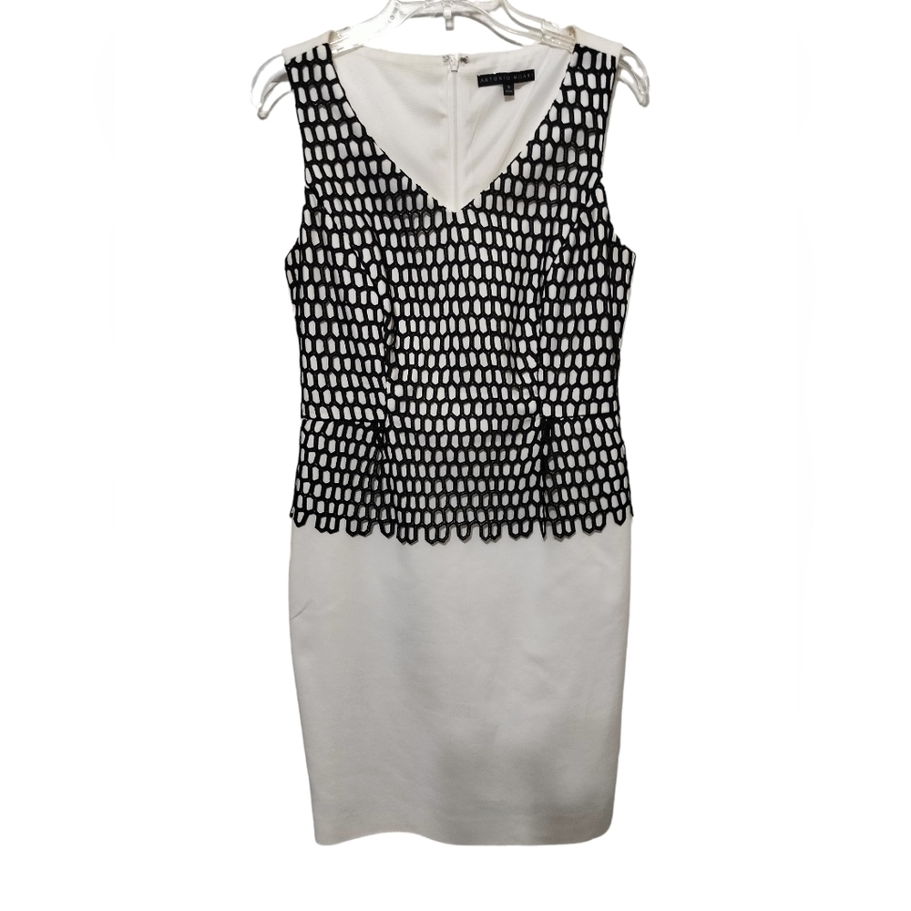 2112) Antonio Melani White with Black Fishnet top Sleeveless Sheath Dress Size 8